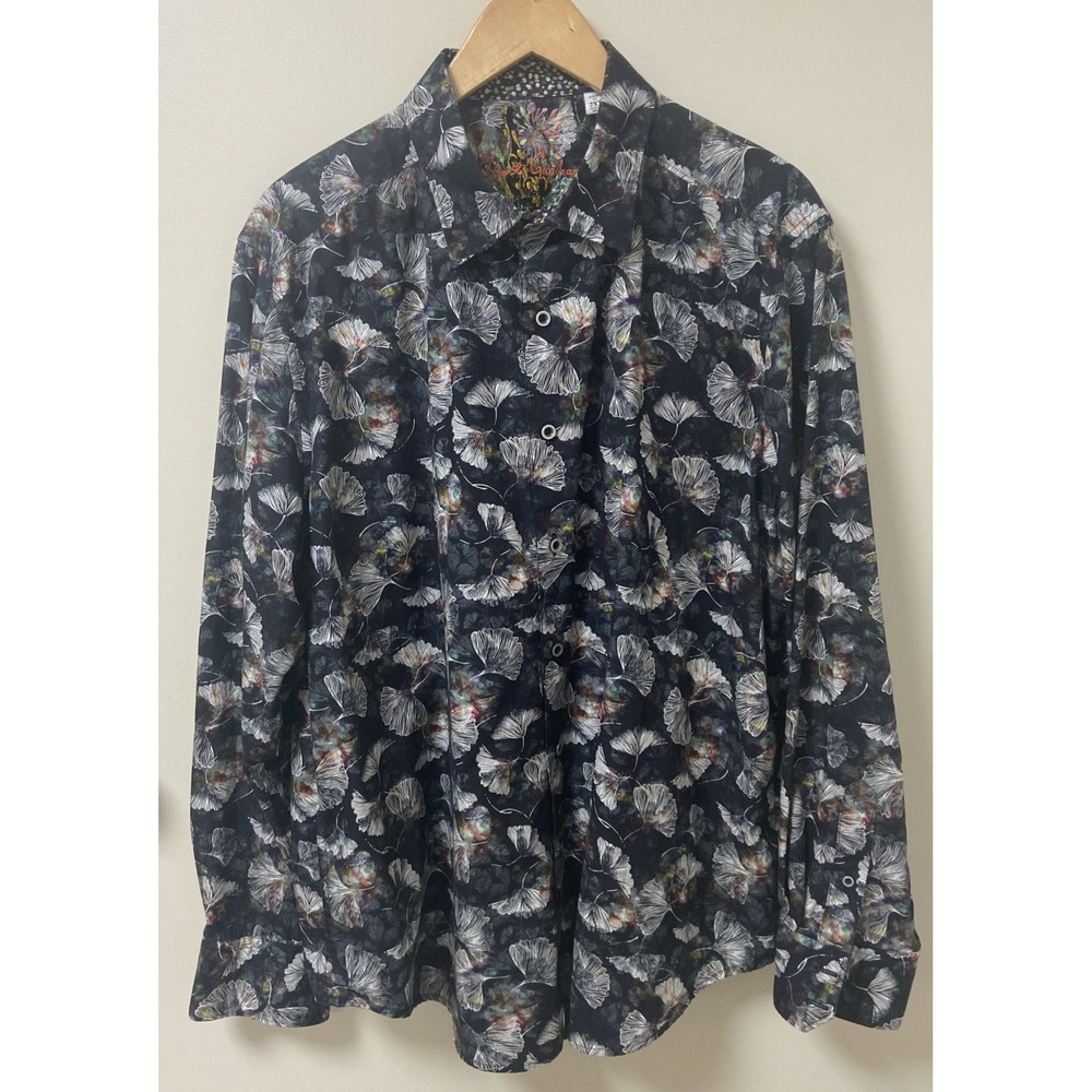 Robert Graham Shirt 2XL Long Sleeve Button Down Black Floral Abstract Flip Cuffs